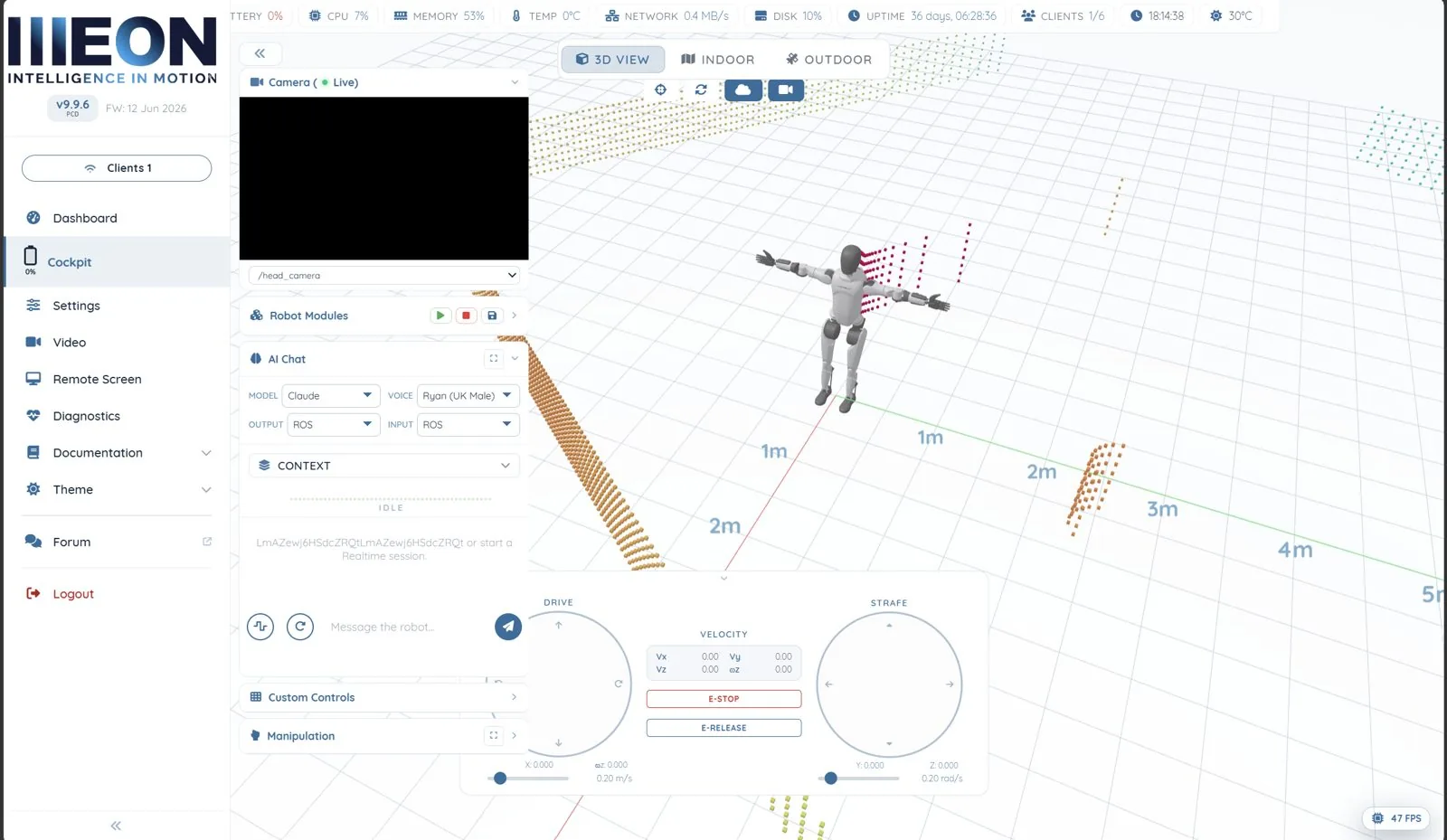 AI Chat panel in the Cockpit, set to the Claude backend with a UK-accented voice and a message box to talk to the robot