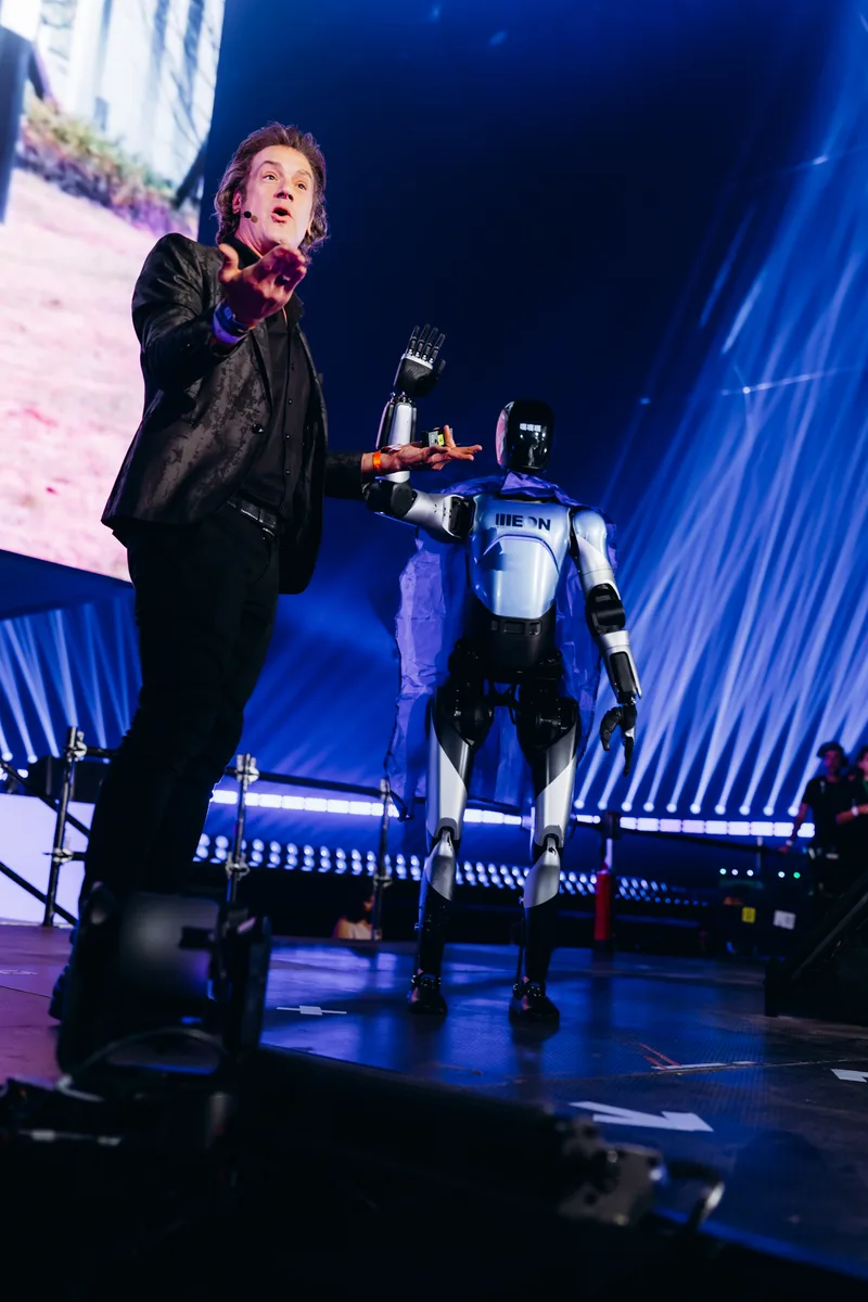 A2 Ultra on stage with a presenter at the LoveTomorrow event